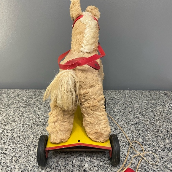 Vintage Stuffed Toy Horse On Metal Cart With Pull Cord 50s-60s Collectible Rare - Picture 5 of 16